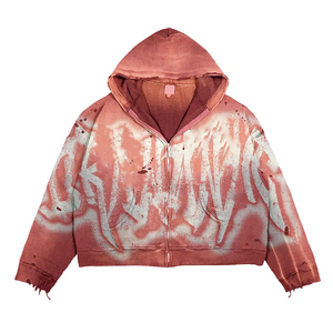 Hoodie Manufacturer Custom 500g Heavy Cotton Vintage <b>Sun</b> Faded Ripped Winter Distressed Acid Washed Zip up Hoodie for Men - Product Image 2