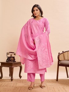 Nuevo Salwar Kameez de Algodón Chanderi Rosa Caramelo 2026, Conjunto de 3 Piezas con Estampado Floral, Ropa Étnica India de Lujo, Estilo Bollywood - Product Image 3