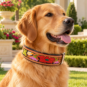 Vibrant Western Floral Tooled Leather Dog Collar <b>Padded</b> Inner Lining | Adjustable Metal Buckle Handmade Pet Neckwear <b>Walking</b> - Product Image 2