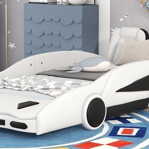 White Twin Size Race Car Shaped Platform Bed with Wheels for Kids' Rooms - Product Image 5