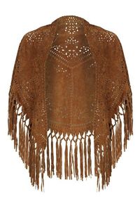 Châle en daim camel pour femme avec franges, poncho ajouré à pompons, écharpe bohème, longue cape pour l'automne et le quotidien - Product Image 4