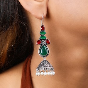 Trusted Supplier Bohemian Ethnic Water <b>Drop</b> Dangle Jhumka <b>Earrings</b> Bezel Setting Brass Antique Silver-Plated Jade <b>Red</b> Stones - Product Image 1