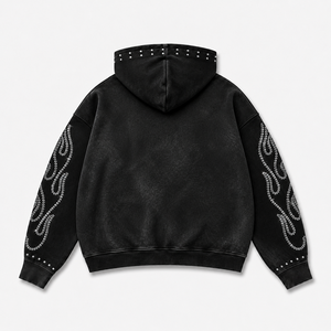 Sudadera con Capucha Personalizada con Logotipo de Pedrería, Estilo Urbano, Vintage, Lavado Ácido, Oversize, con Tachuelas, de Forro Polar Pesado de Algodón para Hombre - Product Image 3