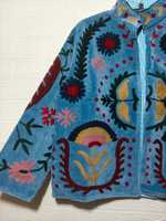 Veste Kimono Ethnique en Velours Brodé Suzani, Faite à la Main, Style Bohème, Vintage, Bleu, Col Montant, en Coton, Spéciale Hiver