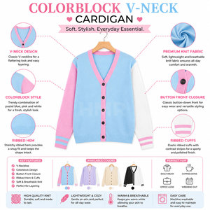 HMR Sisterhood Sorority Cardigan en acrylique rose et bleu ciel tricoté à col en V, manches longues, haut décontracté avec fermeture boutonnée - Product Image 6