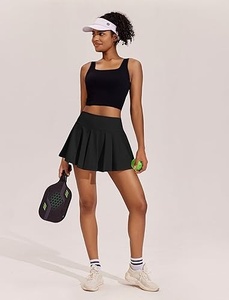 Women Black Tennis Crop Top And Skirt <b>Set</b> <b>Square</b> Neck Sleeveless Fitted Breathable Polyester Sport Apparel All Seasons - Product Image 1
