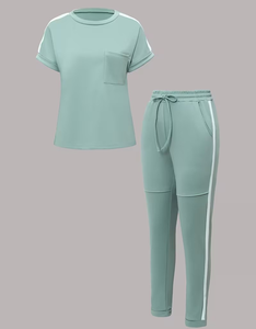 Women 2-Piece Woven Fleece Set Mint Green Short Sleeve Top Jogger Pants Casual Solid Color Summer Breathable Eco-Friendly Quick - Product Image 4