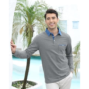 Polo à manches longues pour homme – Coupe ajustée, design basique avec poche, chemises de golf et décontractées pour hommes - Product Image 4