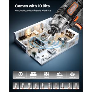 Kit de Atornillador de Impacto Inalámbrico Eléctrico de 20 V con Motor Potente, 1/4 de Pulgada, 2800 RPM de Velocidad Máxima, 10 Puntas, Luz de Trabajo LED para Muebles - Product Image 5