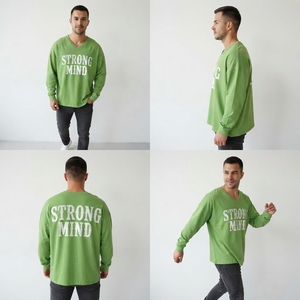 T-shirt en coton à col en V oversize pour homme, épaules tombantes, 320 GSM, manches longues, décontracté, imprimé, coupe ample, vêtement de mode - Product Image 4