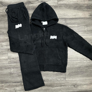 ชุดวอร์มขนแพะโมแฮร์คุณภาพสูงพร้อมโลโก้สั่งทำพิเศษสำหรับผู้ชาย เสื้อฮู้ดซิปและกางเกงขายาวทรงบาน ชุดถักสำหรับฤดูหนาว - Product Image 1