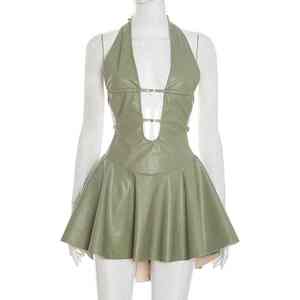 Nouvelle Robe Sexy d'Automne pour Femme en Similicuir PU avec Détails Métalliques, Col Halter, Sans Manches, Dos Nu, Plissée, Tenue de Soirée - Product Image 1