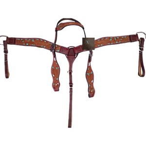 Conjunto de cabezada y pechera para caballo estilo western, cuero marrón con adornos florales y incrustaciones de turquesa, equipo de equitación para rodeo ASHMIRA EQUESTRIAN - Product Image 1