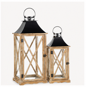 Wholesale Set of 2 Rustic Farmhouse Wooden Metal Candle <b>Lanterns</b> <b>Large</b> Decorative Floor Hurricane <b>Lanterns</b> for Indoor Outdoor - Product Image 2