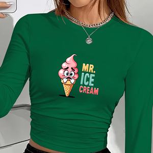 เสื้อยืดแขนยาวผู้หญิง Mr Ice Cream คอกลม พิมพ์ลายแฟชั่น Y2K ผ้ายืดโพลีเอสเตอร์ถัก แขนยาว ทรงปกติ - Product Image 2