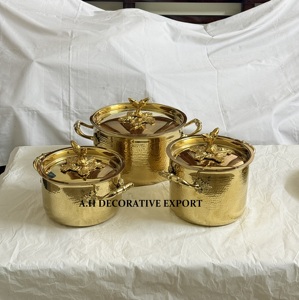 Elegant 3-Piece Hammered Metal Stainless Steel <b>Cookware</b> pot Set with Designer Gold Floral Knobs Kitchenware Casserole - Product Image 6