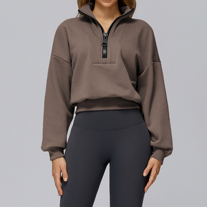 Sweat-shirt court oversize pour femme avec fermeture éclair, col montant, épaules tombantes, manches longues, couleur unie, tricoté, respirant, pour l'automne - Product Image 1