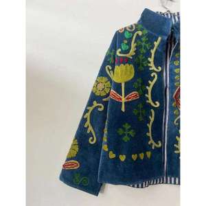 Artisan Blue <b>Velvet</b> Suzani <b>Jacket</b> Floral Embroidered With Animal Pattern Bohemian Full Sleeve <b>Women's</b> Spring Outerwear - Product Image 2