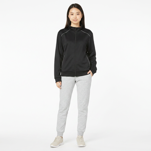 Veste de course noire à fermeture éclair intégrale avec détails de coutures blanches, col montant, style sportif, en polyester, pour l'automne - Product Image 4