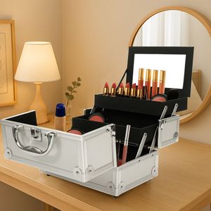 Valigetta per Trucchi in Alluminio con Motivo a Diamanti, Resistente, 9x6x6 Pollici, Argento 966, Organizzatore per Gioielli con Specchio - Product Image 2