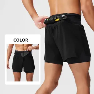 Mens Summer 2 Layers Running Shorts Solid Seamless <b>Elastic</b> Waist Marathon Custom Logo Active Breathable Quick Dry Sports Shorts - Product Image 3