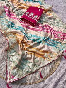 Sari de chinon suave de alta calidad con estampado de rayas de colores y lazo de gota, conjunto de blusa con C-Pallu y trabajo Mono, exportador de moda femenina - Product Image 6