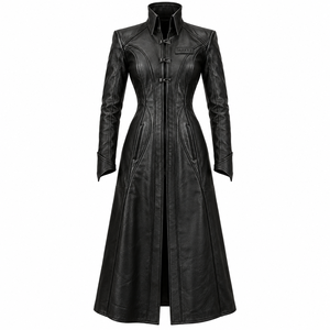 Womens Black <b>Leather</b> Duster Coat Buckle Metal Clasp Stand Collar Zip Up Long Trench Overcoat Custom Oem Supply - Product Image 1