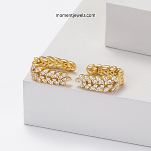 Boucles d'oreilles créoles en argent sterling 925 en forme de feuille, plaquées rhodium et or 18 carats, avec zircon, bijoux tendance pour femme, pour mariage et soirée - Product Image 2
