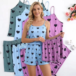 Conjunto de pijama con estampado de corazones para mujer, 2 uds., Top tipo camisola, pantalones cortos con cintura elástica, ropa de descanso de primavera, jersey cómodo hasta la rodilla, transpirable - Product Image 6