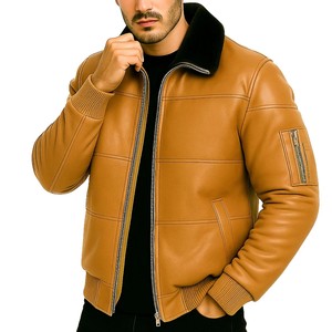 Blouson aviateur en cuir véritable écologique pour homme, col rabattable, logo sur le devant, imperméable, coupe-vent, style moto, fermeture éclair - Product Image 6