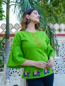 ชุดคุर्ตาผ้าฝ้ายสลับลายปะติดสำหรับผู้หญิง พร้อมแขนระบายผ้าเรยอน ทรงปกติ สวมใส่สบายๆ ในฤดูร้อน สไตล์ชาติพันธุ์ ป้องกันแสงแดด แห้งเร็ว - Product Image 3