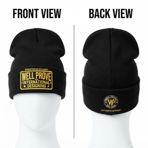 Custom Logo Black Stacked <b>Beanie</b> Cap Heavyweight 240 GSM Cotton Yarn Knit Slouchy Hat Breathable <b>Waterproof</b> Sublimation Printed - Product Image 3