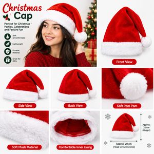 หมวกซานตาคลอสคลาสสิกสำหรับคริสต์มาส สีแดงและสีขาว ทำจากผ้าพลัฌ แต่งขอบด้วยขนนุ่มและพู่ปอมปอมฟูฟ่อง สวมใส่สบายในช่วงเทศกาล - Product Image 2