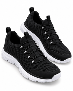 Chaussures de marche pour hommes en maille noire à lacets, respirantes, légères, amortissantes, avec semelle intermédiaire en caoutchouc et semelle extérieure en caoutchouc blanc - Product Image 3