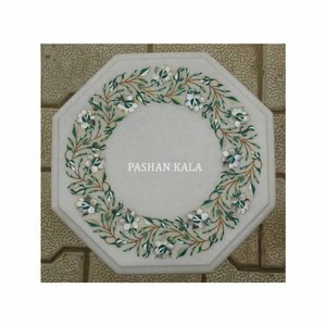 Handcrafted Pure White Marble Octagonal Shape Semi Precious Stone Inlaid <b>Decorative</b> Dining <b>Table</b> <b>Top</b> - Product Image 2