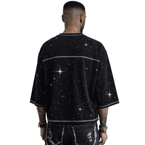 T-shirt personnalisé en strass, motif étoilé noir sur toute la surface, pour hommes, coupe oversize, 100% coton, surpiqûres contrastées, streetwear, OEM - Product Image 3