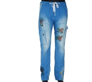 Pantalon cargo bleu pour homme, taille mi-haute, imprimé floral, coupe classique, style décontracté, en denim tissé - Product Image 6