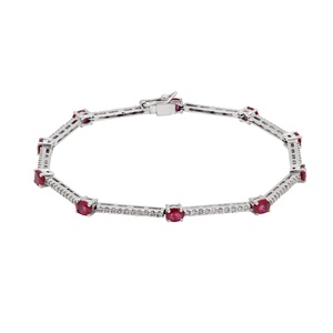 Natural Oval <b>Ruby</b> 18K White Gold Diamond Bar Station <b>Bracelet</b> | Link Tennis <b>Bracelet</b> Fine Jewelry Gift for Women Wholesale Price - Product Image 1