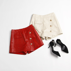 Red And Cream High Waist Leather Shorts With Button Closure And Pocket Detail - Product Image 1