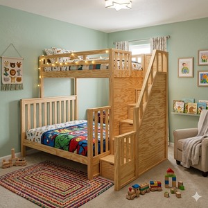 Convertible Natural Wood Bunk <b>Bed</b> for Child American <b>Pine</b> Plywood Casual Design Durable Living Room Furniture - Product Image 1