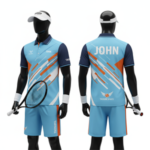 Uniforme de Tenis Premium para Hombre, 160 GSM, Poliéster Transpirable, Diseño con Paneles Azul Cielo, Azul Marino y Naranja, Sublimación, Logotipo Personalizado - Product Image 1