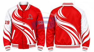 Delta | Sigma | Theta <b>Women</b> Red White Contrast Satin Varsity <b>Jacket</b> <b>Embroidered</b> Greek Letter Striped Knit Collar Cuffs Outerwear - Product Image 3