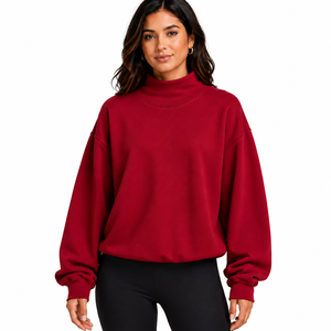 Sweat-shirt oversize pour femme, col montant, style streetwear, 100% coton molletonné, coupe-vent, respirant, épaules tombantes, manches longues, vert uni - Product Image 1