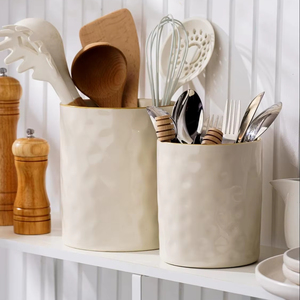 Glazed Porcelain Utensil <b>Holder</b> Set <b>Hammered</b> Texture Finish High Strength Heat Resistant Kitchen Counter Storage Organizer - Product Image 3