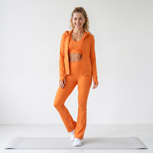 Ctom OEM <b>Women</b> Yoga Hooded 3 Piece Yoga <b>Set</b> Lightweight Zipper <b>Hoodie</b> High Waist Flare <b>Legging</b> Racerback Bra 3 Piece Fitness <b>Set</b> - Product Image 1
