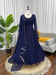 Blue Pakistani Indian Ethnic Anarkali Kurti Dupatta Beaded Floral Embroidery Faux Georgette Long Sleeves for Women Wedding Party - Product Image 5
