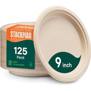 Piatti Monouso 100% Compostabili ed Ecologici, Resistenti, 9 Pollici, in Carta di Canna da Zucchero e Banana, Biodegradabili - Confezione da 125 - Product Image 1