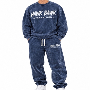 <b>Men</b> Casual Sweatsuit <b>Set</b> Custom Two Piece Tracksuit Comfort Fit Crew Neck Garment Dyed Blue Casual Two Piece Jogger Outfit - Product Image 1