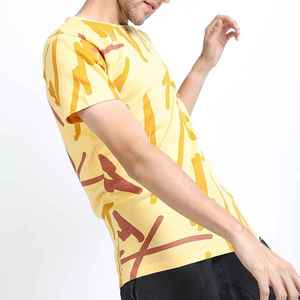 Men's Yellow <b>Geometric</b> Print O-Neck Short Sleeve T-<b>Shirt</b> Regular Fit Casual 100% Cotton Breathable Jersey Knitted - Product Image 3