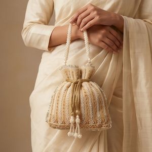 Creme Velvet Handmade Evening Clutch Bag Beaded Embroidery Party Wedding Handbag with Pearl <b>Flat</b> Bottom - Product Image 3